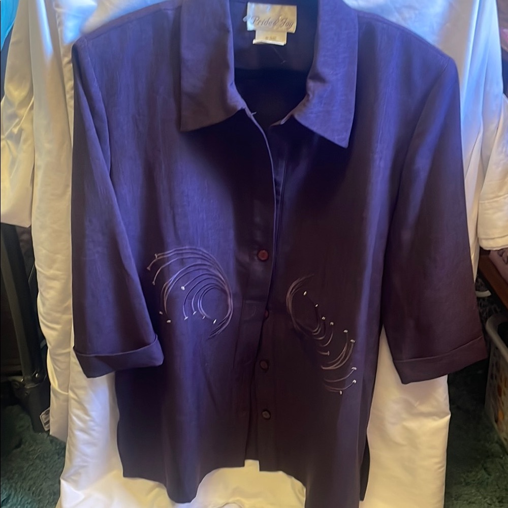 Purple 3/4 Sleeve Boxy Button Down Blouse